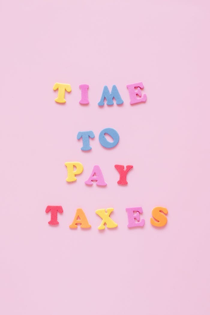 Colorful foam letters on a pink background spelling 'Time to Pay Taxes'. Perfect for finance-related concepts.